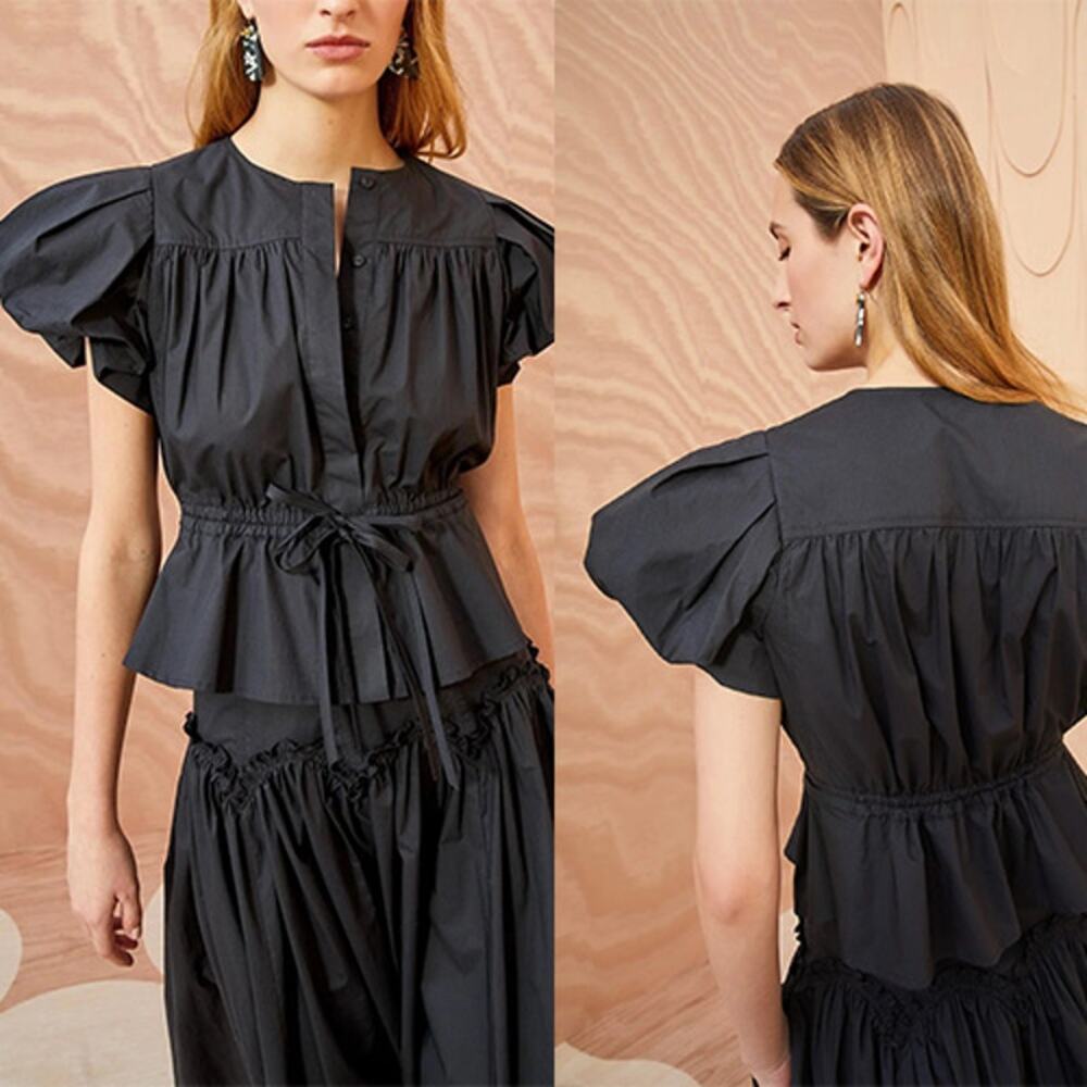 NEW Ulla Johnson Mila Cotton Peplum Puff-Sleeve Drawstring Top Noir Size: 8